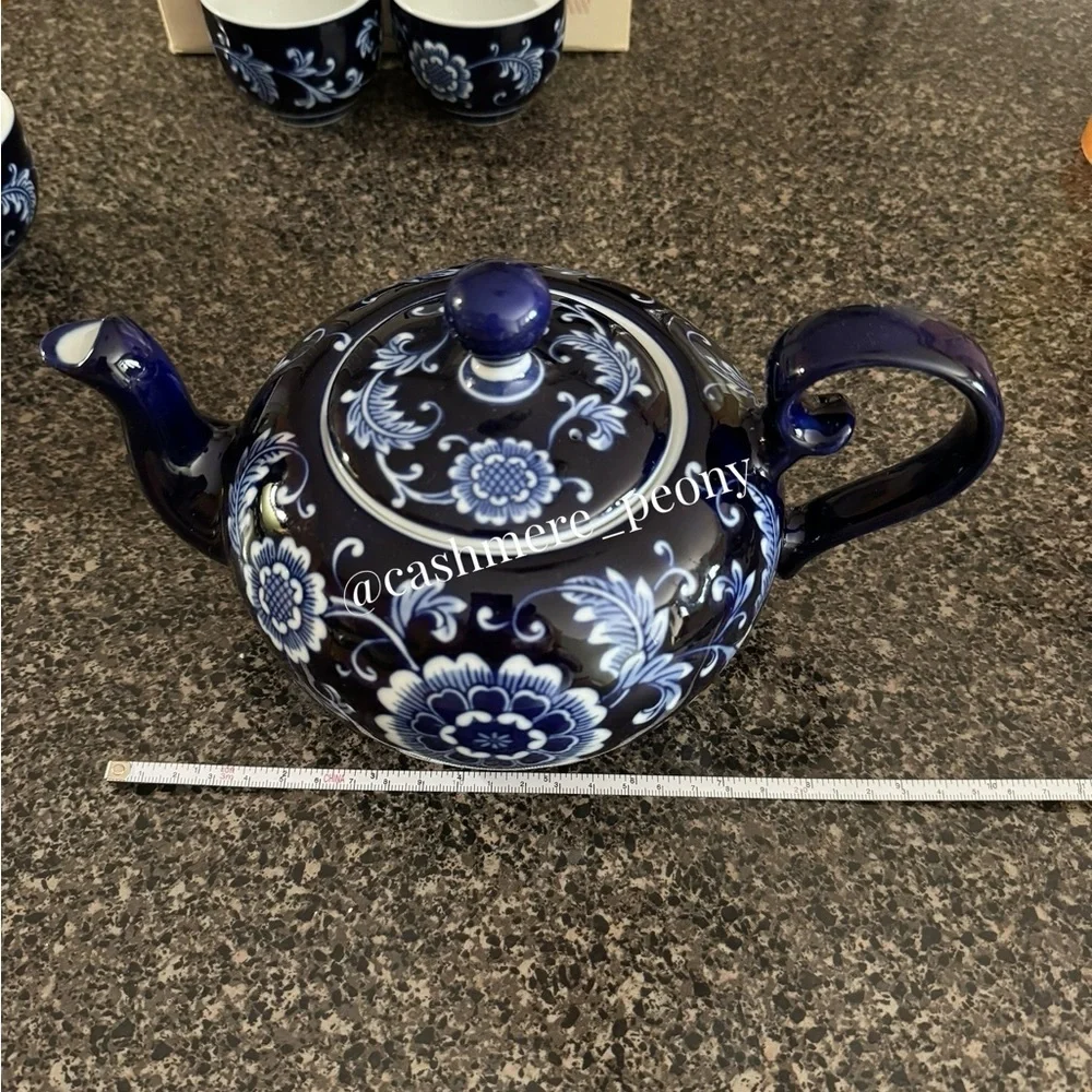 NIB Pier 1‎ Vintage Mandarin Porcelain Cobalt Blue Tea Set-Teapot and 4 Cups
